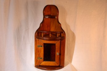 Vintage Handmade Small Corner Hanging Cupboard With Yellow Amber Glass In Door Frame, Pine , Brass Hinges.