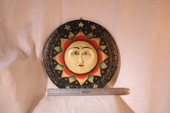 Round Wooden Carved Folk Art, Wall Art, Multi- Colored, Unique Face, Pensive Mood