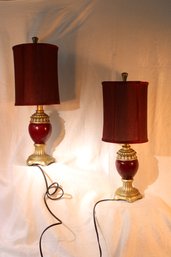 Pair Of Cranberry Red Lamps, With Silver Accented Base, Cranberry Red Shades,