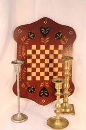 Lot Of 3 Metal Candlesticks& Folk Art Wooden Decorative Checkerboard With Tiny Checkers