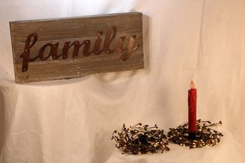 Lot Of  Sign Celebrating 'family ' & Two Small Candle Holders,