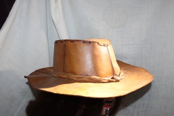 Vintage Hand Made Stiff Leather Cowboy Type Hat, Braided Band With Metal Pins, '6' Written Inside S R.I.