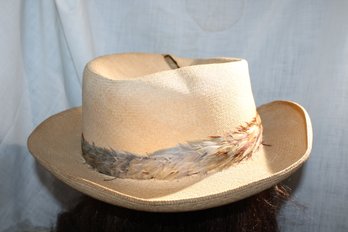 Vintage Finely Woven Straw  Hat  By Casa Argen Tales, Has Ring Of Feathers As Band- Torn