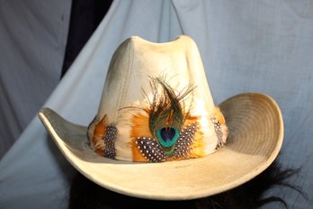 Vintage GA Hat Made In Korea,peacock Eye In Front Size 7- 7 1/8, CottonRayon Lining, Multicolored Feather Band