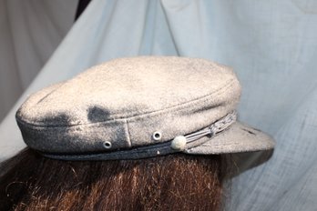 Vintage  Grey Wool Blend Greek Fisherman's Hat Cap - Ornate Pressed Brim & Pin & Band