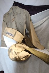 Vintage Military Khaki Hat, Wool Garrison, Cover & Khaki Long Sleeved 1 Stripe Shirt With Stain