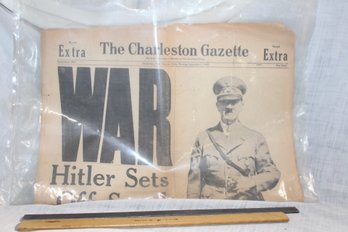 WWII Ephemera-September 1, 1939,The Charleston Gazette Headline: Hitler Sets Off Spark  & Will Lead Troops