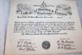 Joke Diploma/ Certificate Of Hunting And Fishing College- Can Be Filed In And Framed - Awesome Gift !!