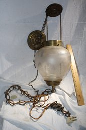 Absolutely Beautiful Antique Hanging Lamp, Delicate Frosted Design On Globe, Brass Trims & Chain, Unique, Rare