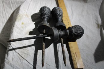3 Antique Cast Iron Pillar Hardware Pieces, Ornate Solid