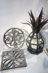 Pineapple Candle Holder With Glass Windows  & 2 Shinny Silver Toned Trivets Pineapple Is Very Welcoming