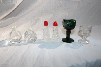 6 Pieces - Antique Footed Green Glass Eye Wash Cup, 'john Bull'  2 Vintage Pressed Glass Diamond Pattern,