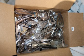 Box Of Silver Plated &stainless Steel Silverware, Parts Of Several Sets, Soup Spoons,condiment Knives Are Cool