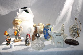 Lot 4 Piece Lenox Set, CARVED Wooden Stork, Vintage Bottle-metal Top, Bell, Fishing Dude, Cool Santa & Snowmen