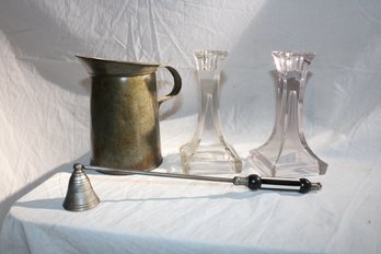 Lot  2 Art Deco (?) Candleholders, Candle Snuffer, And Cute Metal Pitcher Awaiting Your Touch!