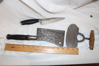 Primitive Food Chopper Or Bread Dough Cutter, Baldwinsville Cleaver And Calphalon Forged German Knife