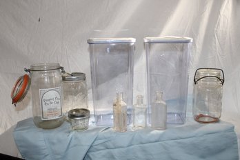 Storage Jars, Sealled Lids On Two, Large Mouth 1/2 Gallon Canning Jar, Medicine Bottles, Canning Jars