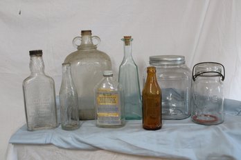 Lot Of 8 Old Glass Bottles, Clear , Brown, Rock N Rye, Gurnsey & Co., Surpreme Wine Co. Inc See Pics