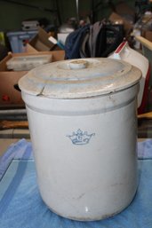 Antique 6 Gallon Blue Crown Crock With Two Colored Damaged And Repaired Lid