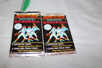 1987 Collector's Ed.  Magic Motion- Sportflics  2 Logo Trivia Cards, 3 Superstar Cards 2 Unopened Foil  Packs