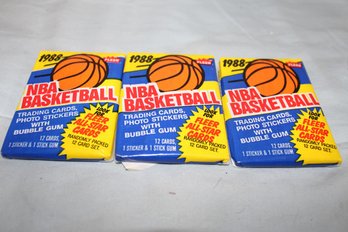 1988 Fleer NBA Basketball 3 Unopened Wax Packs, 12 Cards/ 1 Sticker Each