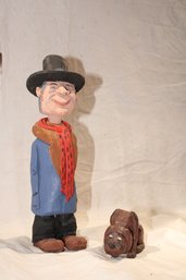 Local NH Master Carver - Wooden Hand Carved Man & His Worn Out Dog, Artist Initials On Man, Folk Art,