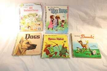 5 Vintage Little Golden/ Disney Books- Babmbi, 3 Bears, 101 Dalmatians, Dogs, Robin Hood