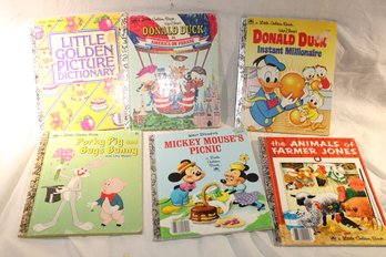 6 Vintage Little Golden/ Disney Books-animals Of Farmer Jones, M. Mouse Picnic, Porky Pig& Bugs Bunny, D. Duck