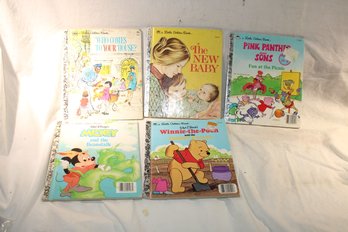 5 Vintage Little Golden/ Disney Books-the New Baby, Who Comes To Your House?, Pink Panther, Winnie, Mickey