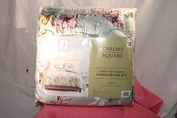 3 Piece Queen Size Reversible Comforter Set - Unopened- Chelsea Square- Detailed In Neutral Colors