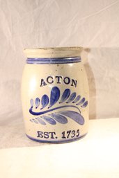 Signed Stoneware Crock Jar Acton, Massachucetts  Est 1735