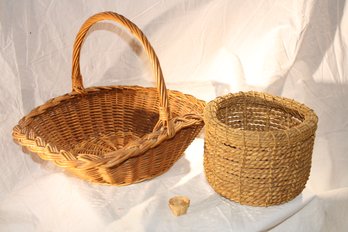 2 Vintage  Medium Baskets -1 Sturdy Round Rimmed Rope 6.5 ' X 5' Well Made, 1 Japanese Bamboo Braided,handle