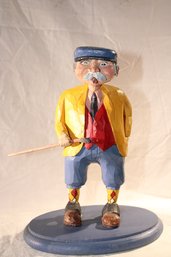 Master Carver Wood Whimsical Sculpture With Carved Signature - Cigar Smoking Golfer - Hand Painted On Plack