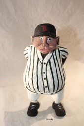 Carved Wood Whimsical Sculpture -boston Baseball Player/ Referee? With Huge Belly, Cleats & Hands In Pocket