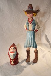 2 Carved Wood Whimsical Sculptures - Cowgirl With Great Detail In Clothing And Curly Hair & Tiny Elf/ Monk