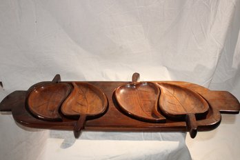 Vintage - Handcrafted Walnut Wood Serving Tray With 4 Leaf Plates- Absolutely Unique And Beautiful