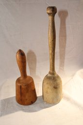 2 Antique Round Turned Carving Mallets Or Mashers , Lathe Turned,  1 Is 11' , 2nd Is 7 '