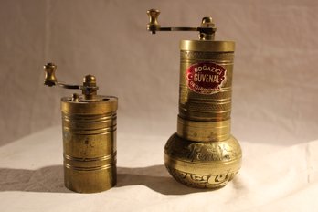 Very Unique !! Antique Turkish Ornate Brass Manual Coffee / Pepper Grinder With TWO Grinding Mechanisms