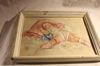 Very Vintage Maud Tousey Fangel 3 D Framed  Art Of Baby Girl 'All Tuckered Out' On Pillow - Booties Diaper