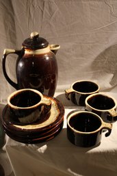 Winter Special ! 10 Piece Vintage Brown Dip Stoneware- Lidded Cocoa Pot And 4 Cups & Saucers  No Chips