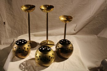 6 Brass Table Top Candle Sticks- 3 Globes( Pier 1- India)  And 3 Tall - (solid Brass Thailand)