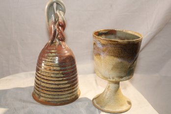 Pottery - 2 Pieces- Bell- Like Vessel  And Goblet - Lovely Glazes - Nice Shapes, Twisted Handle.