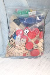 Bag Containing TONS Of  Game Parts- Dice, Letters , Checkers, Markers, Cubes, Scrabble Holders, Cups, Crafts