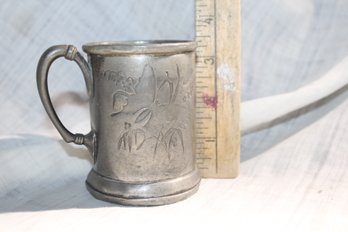 Antique Pewter Cupwith Handle - VERY OLD, With ' 7 ' On Bottom And Plant Designs Stamped Into Surface