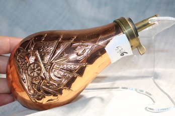 Vintage Antique Copper And Brass Black Gun Powder Flask With Embossed Cannon Design, Made In USA