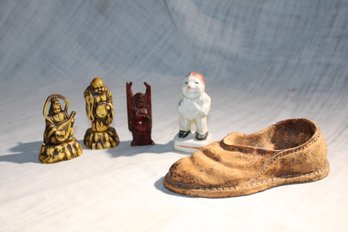 Lot - 2 Lucky Fortune God Figuirines, Tiny Wooden Buddha,clay Shoe/nice Details, Porcelain Man Made In Japan