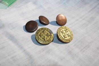 3 Copper Topped, 2 Vintage Brass Flaur De Lis Zodiac Buttons, Foreign, Military, Trains