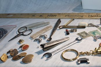 Mixed Lot , Stamps, 3 Pair Cuff Links, Elephant Key Chain, Several Antique Tiny Tools, Blade Sharpeners