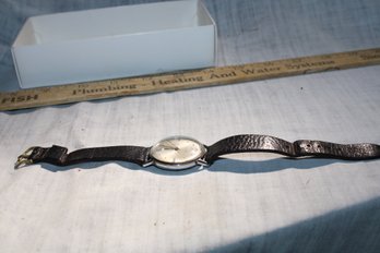 Timex, Waterproof, Black Leather Band With Gold Toned Buckle, For Parts Or Repairs