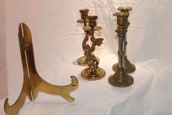 Lot Of 5 Brass Candle Holders Plus Plate Holder